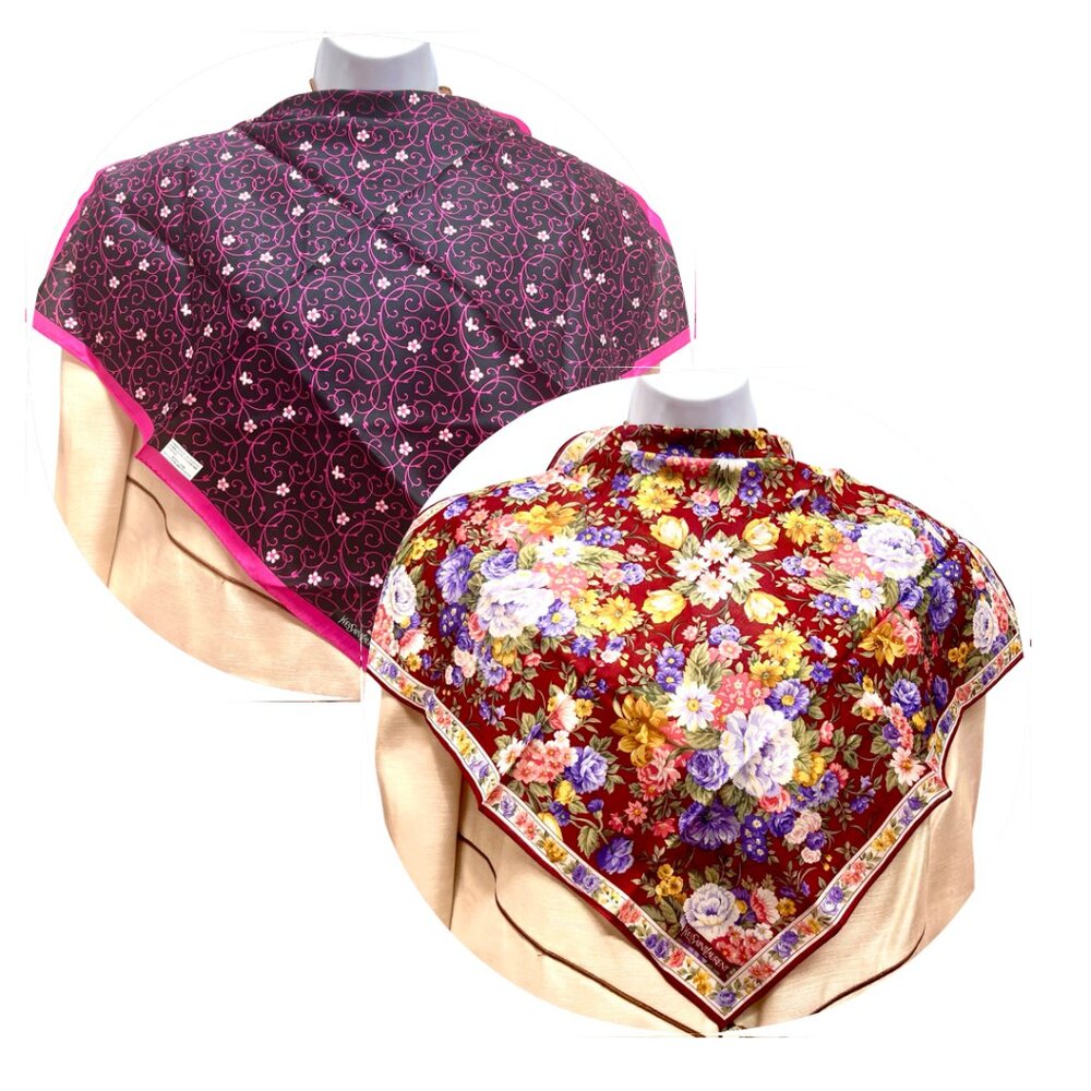 2) New  YSL -Yvest Saint Laurent MiniScarf-Neck Handker 19" Pink Purple Flora(58